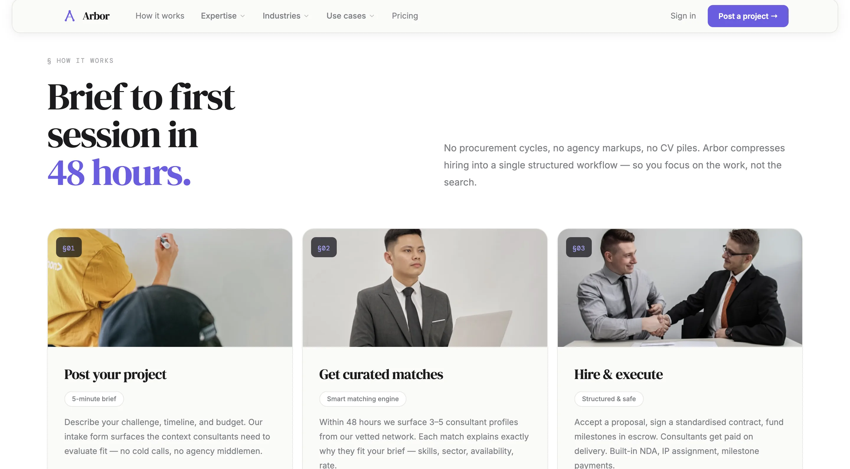Arbor editorial tech landing page for independent consultants marketplace