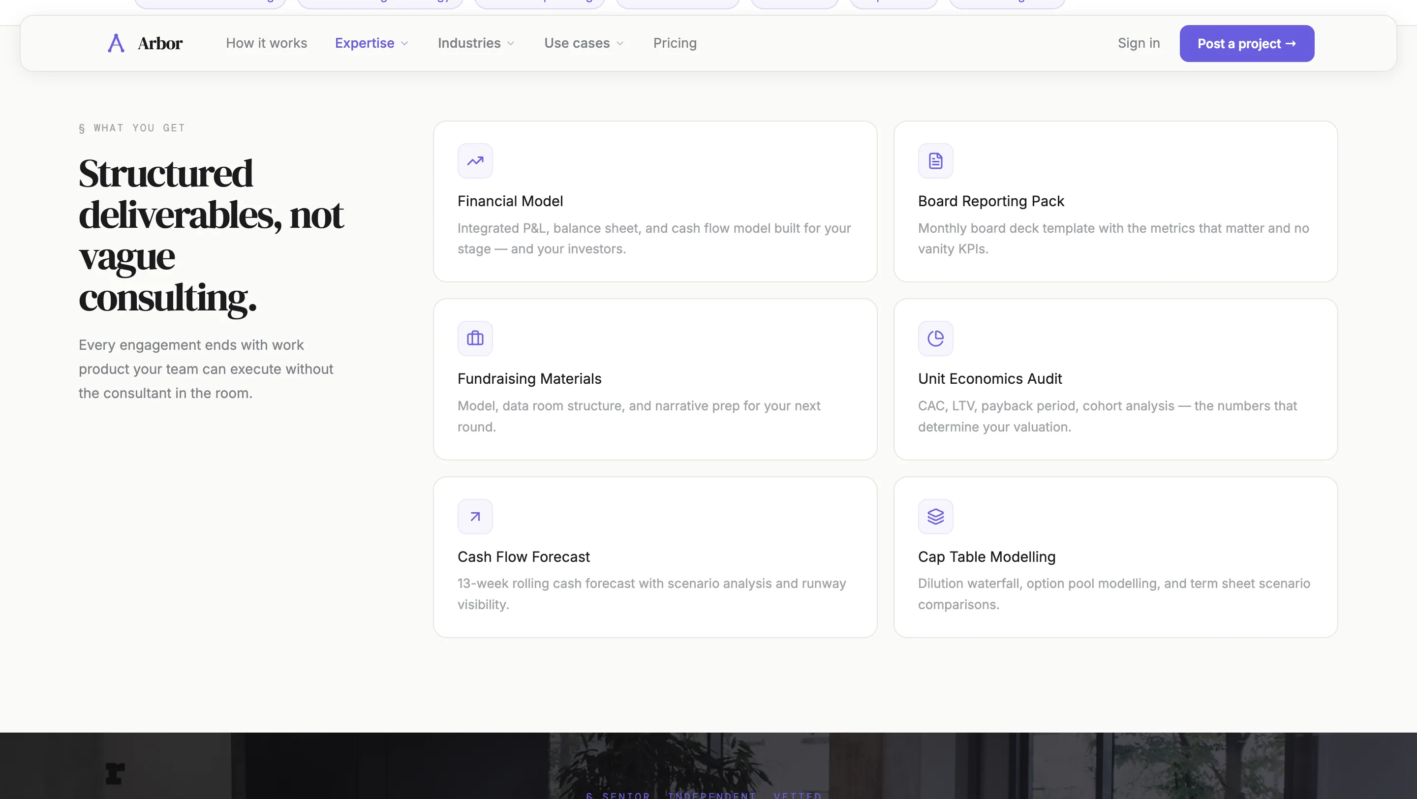 Arbor consultant profile page with biography and rates