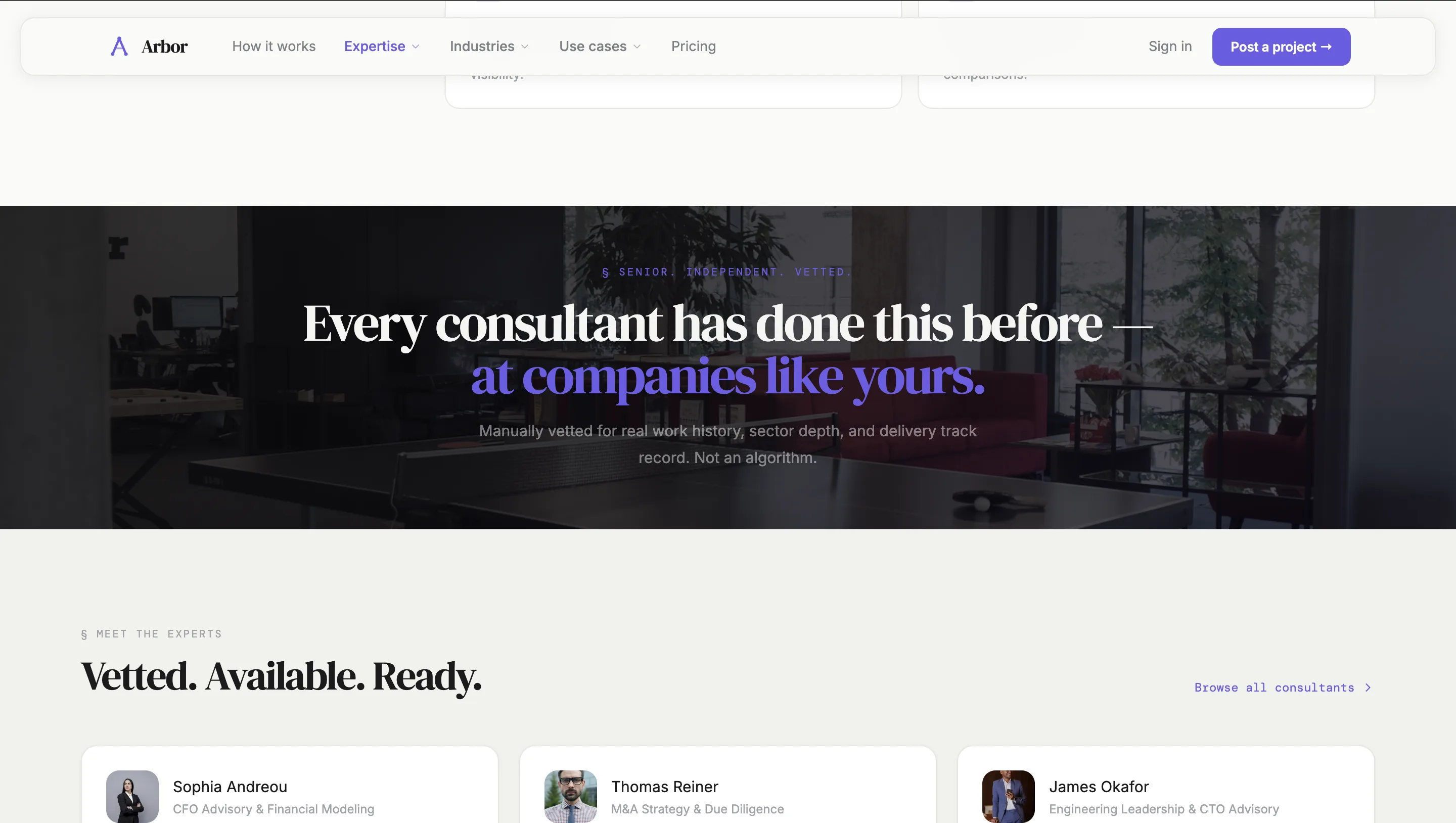 Arbor consultant profile with skills and progress bars