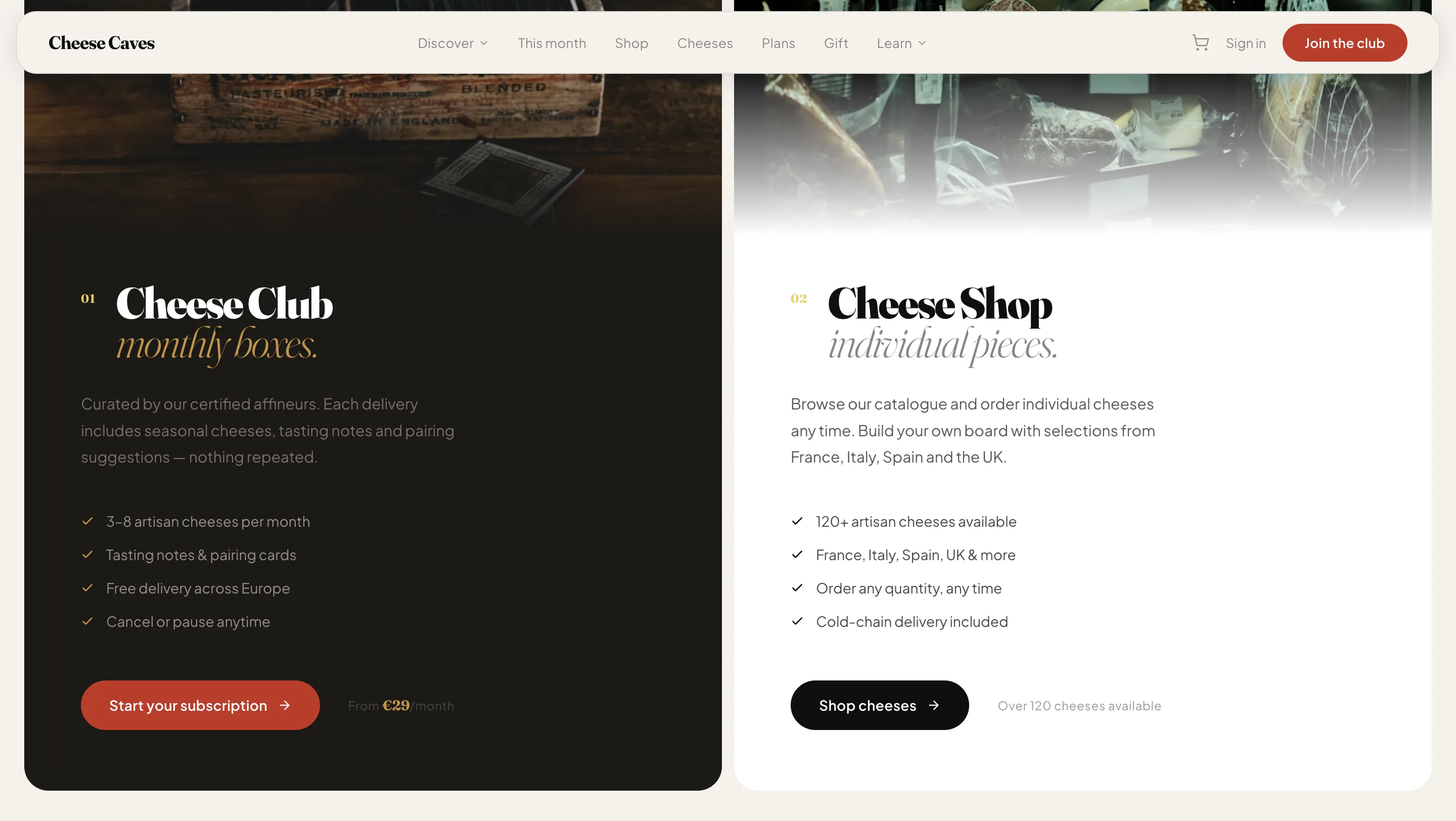 Cheese Caves subscription plan comparison for Starter Classic and Connoisseur
