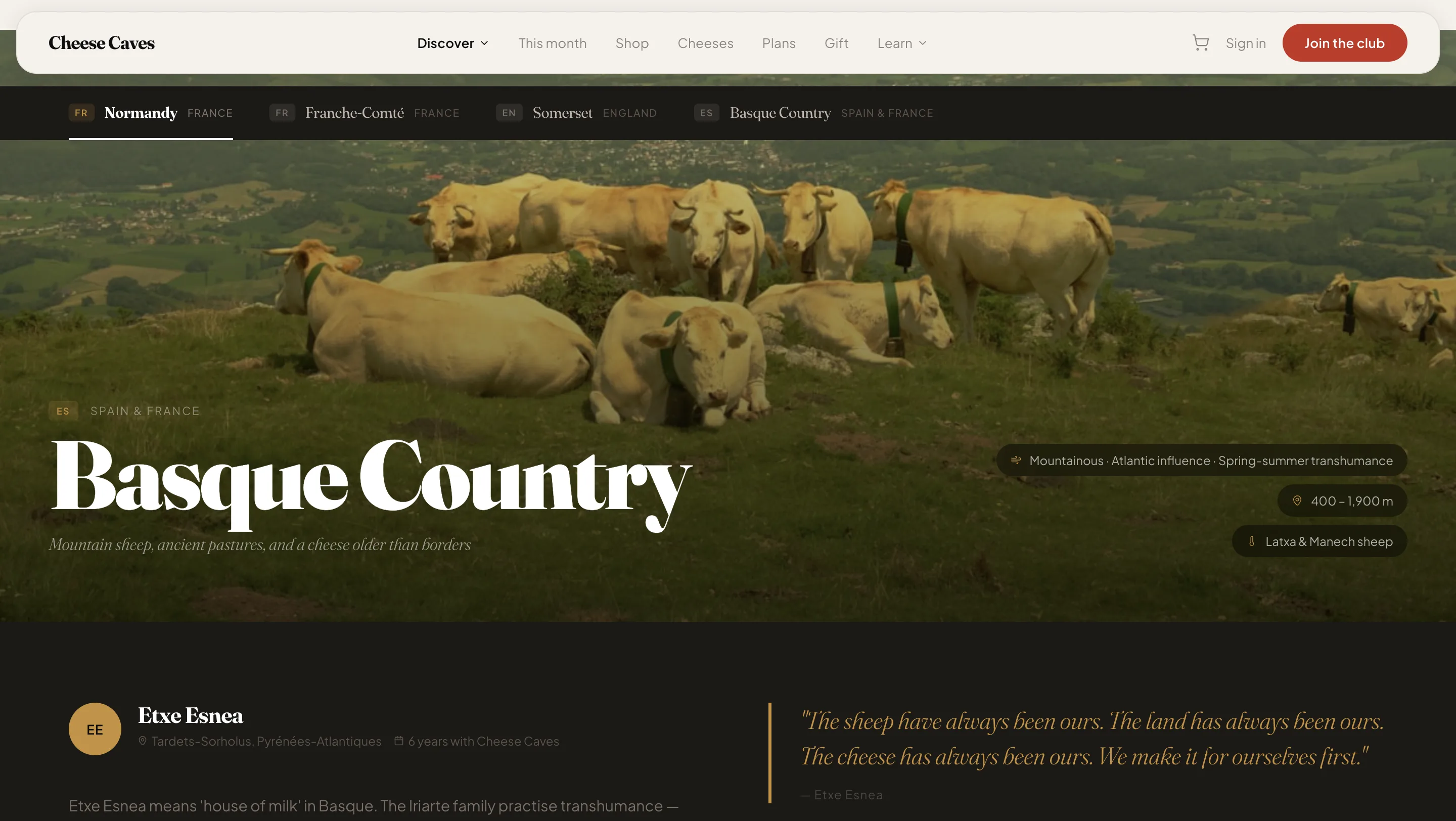 Cheese Caves encyclopedia detail page with origin and aging