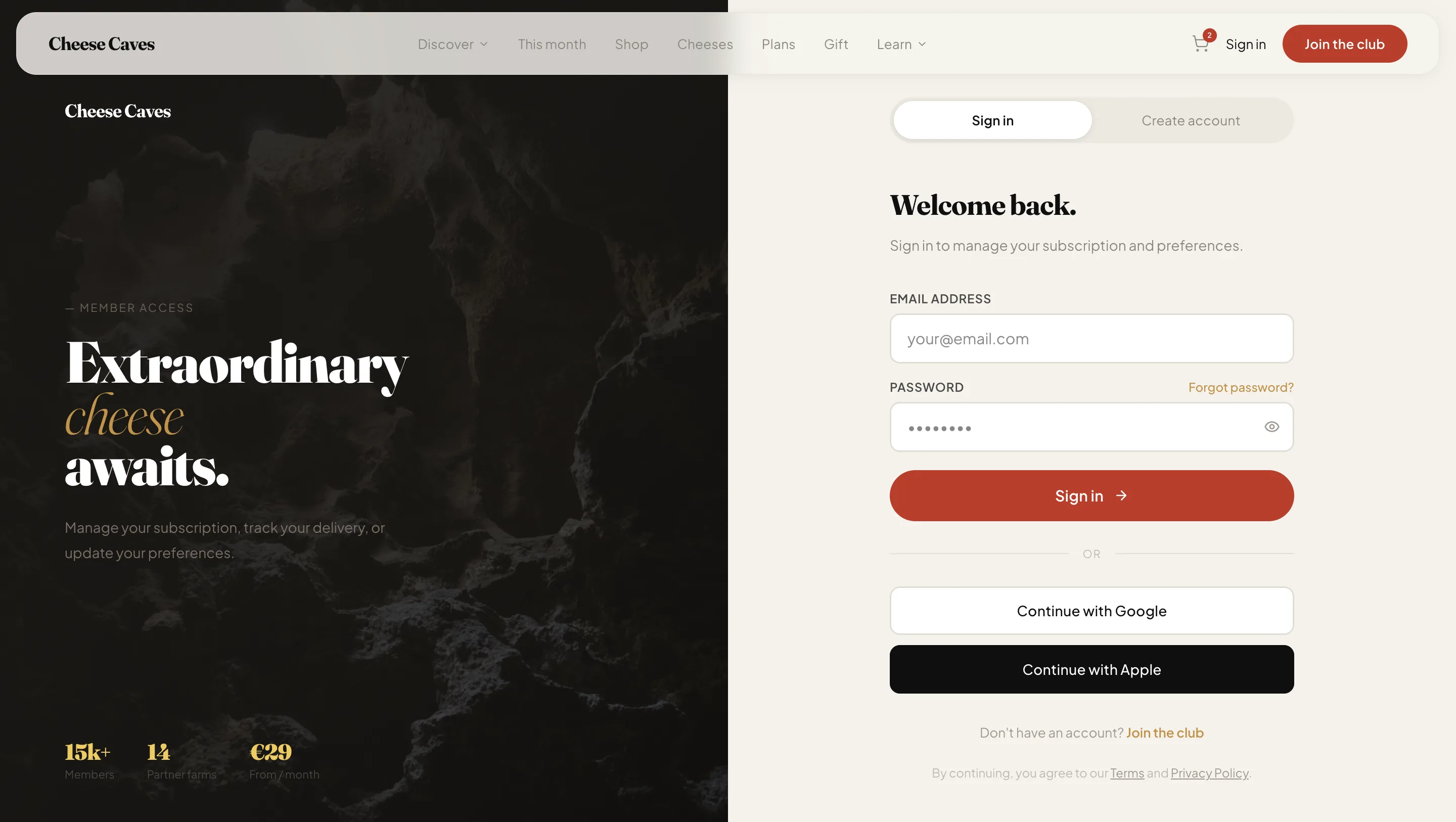 Cheese Caves premium commerce interface