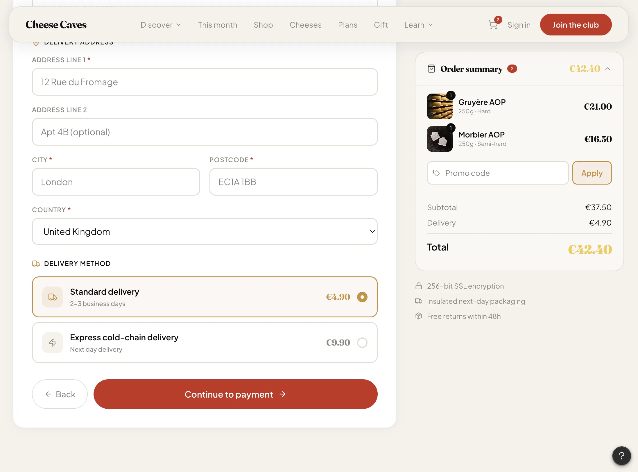 Cheese Caves cart and checkout summary