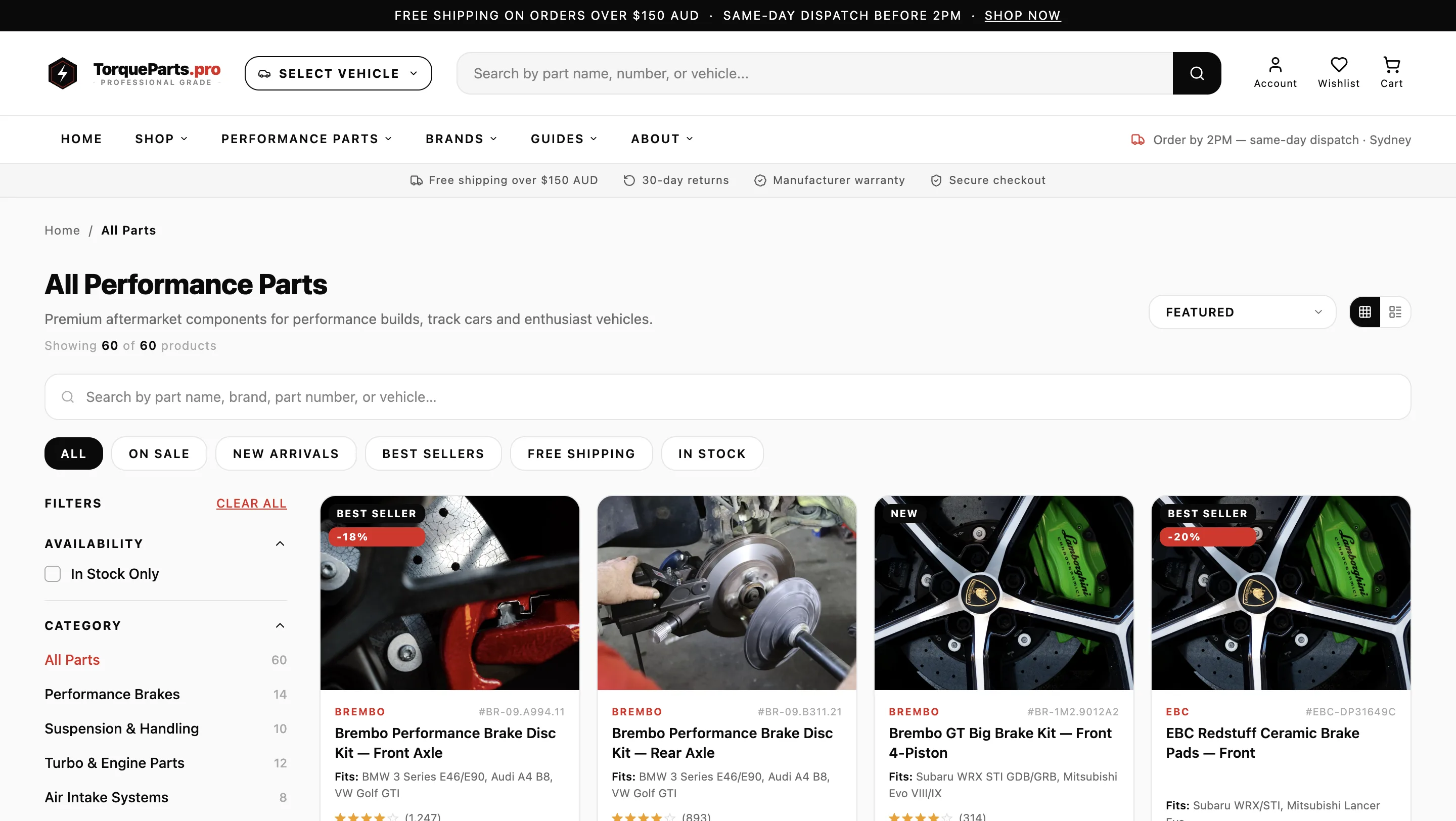 TorqueParts.pro category navigation and marketplace entry points