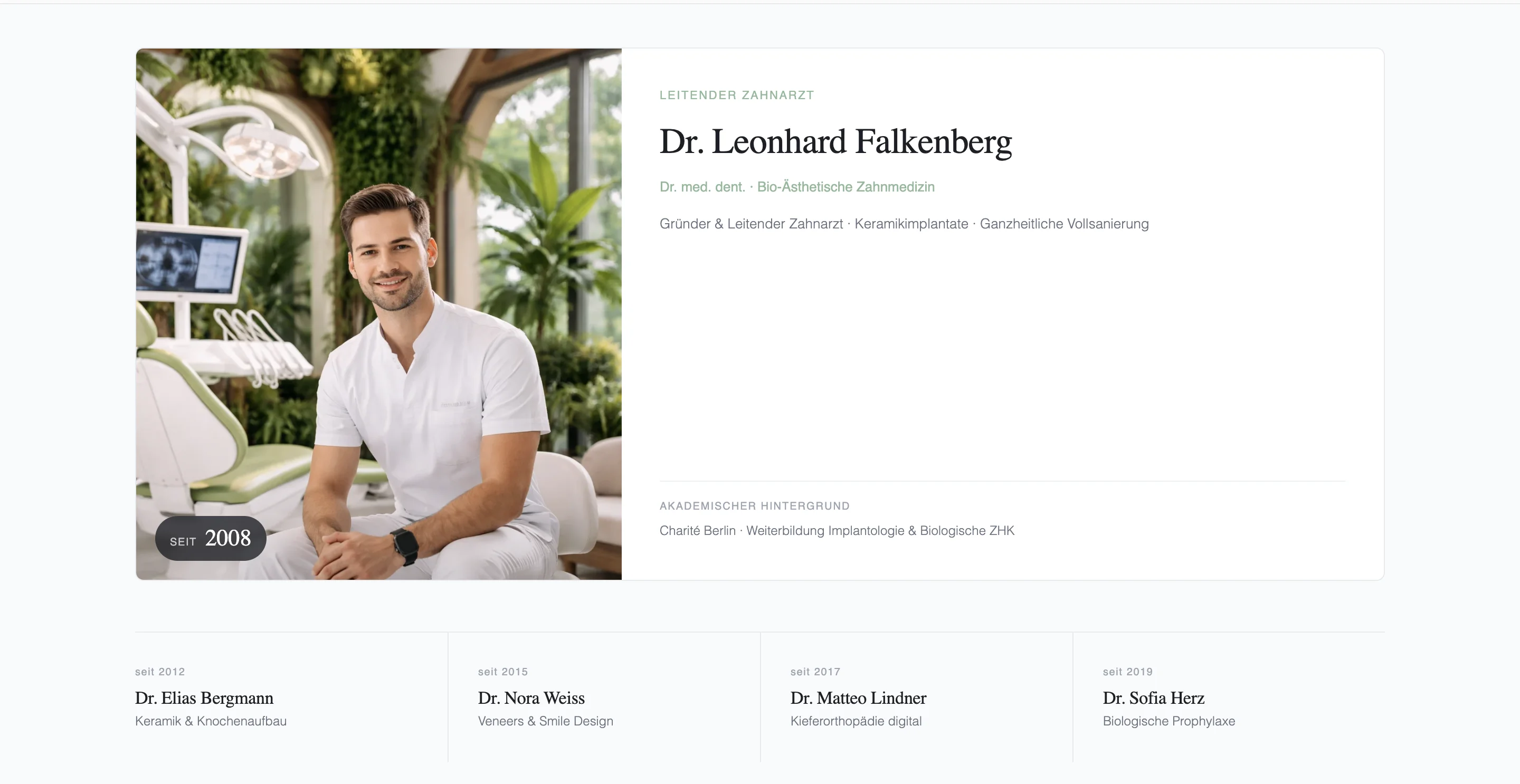 Dental clinic interior and trust-led storytelling section