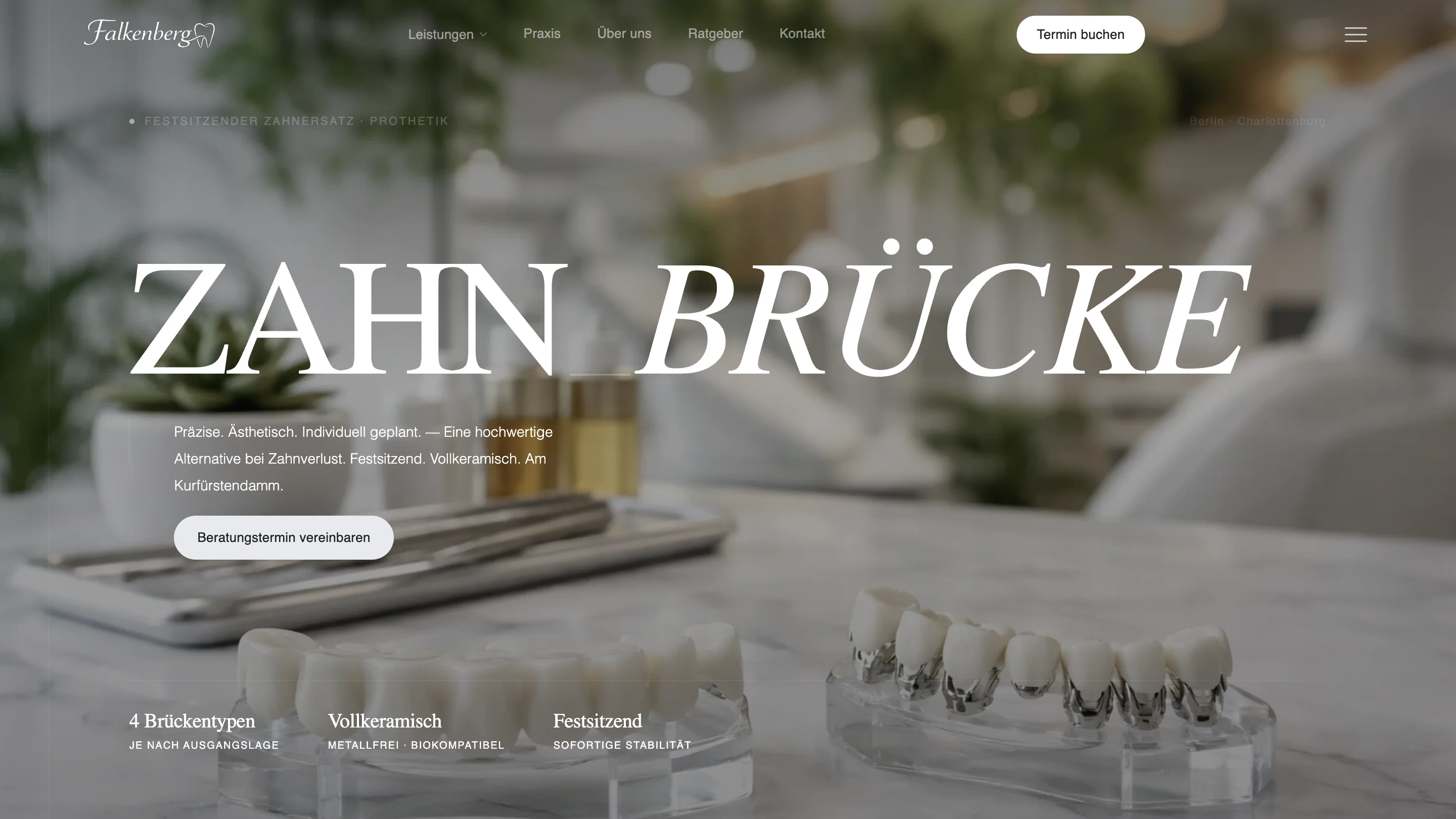 Dark-themed clinic interface section with premium typography