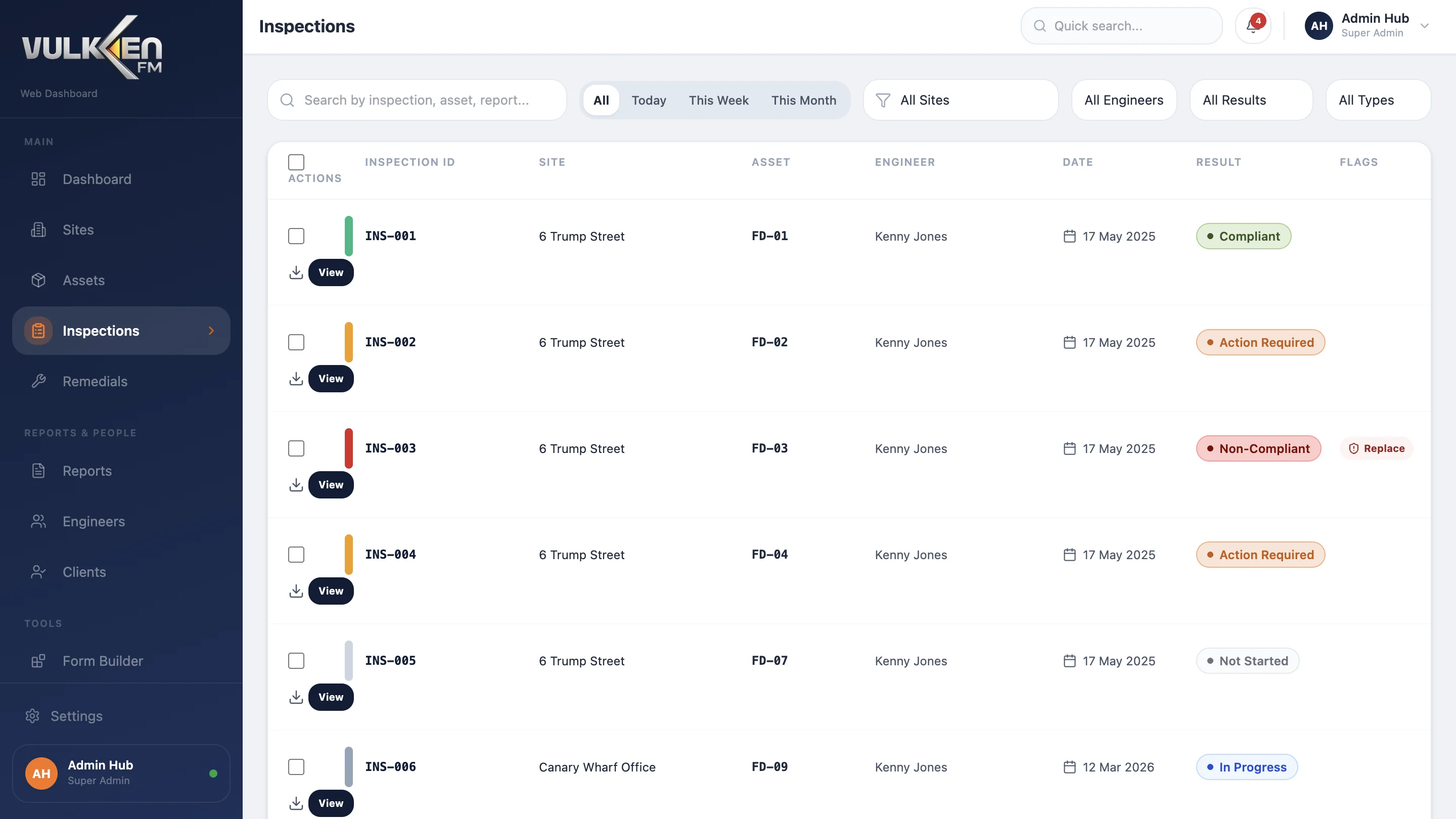 Asset list in the web dashboard