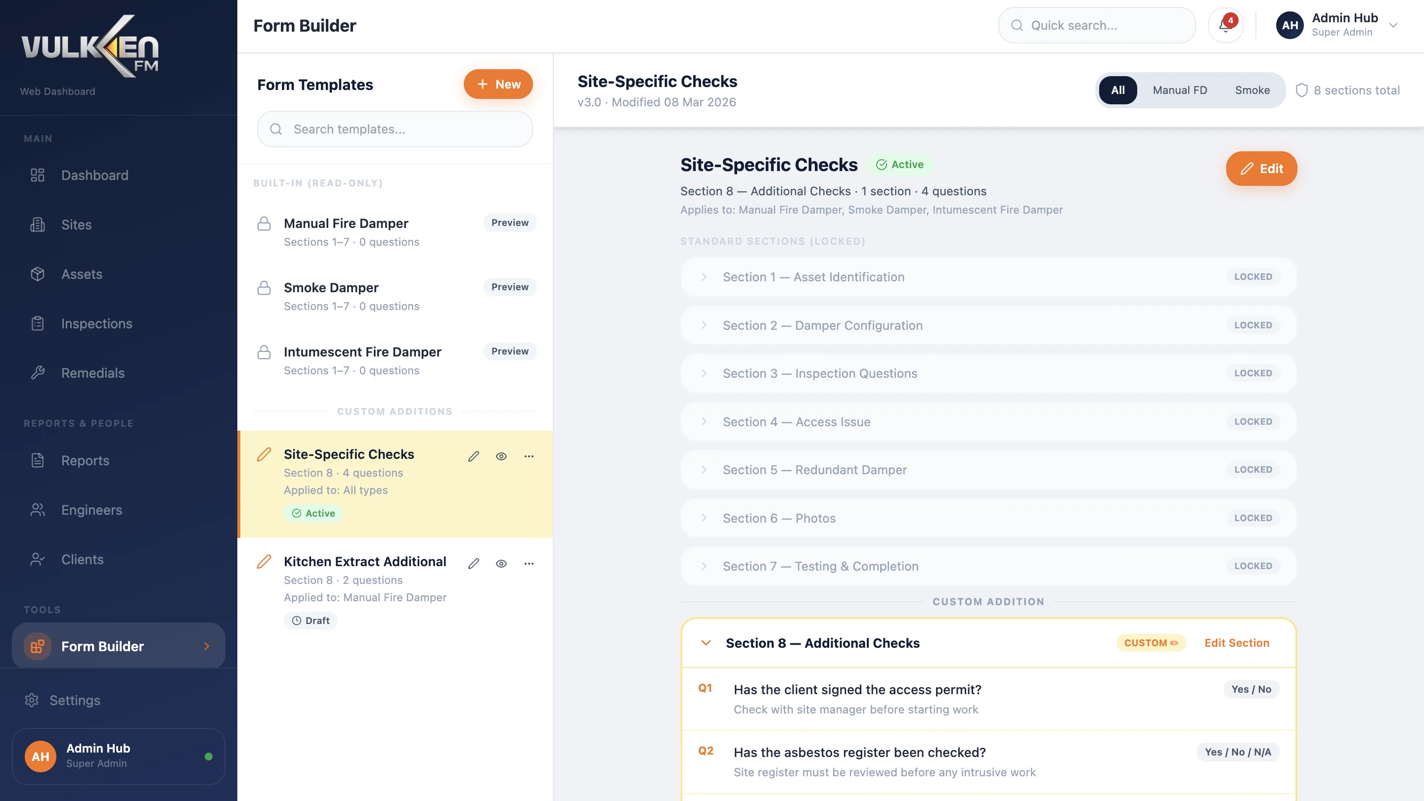 Form builder for additional inspection sections