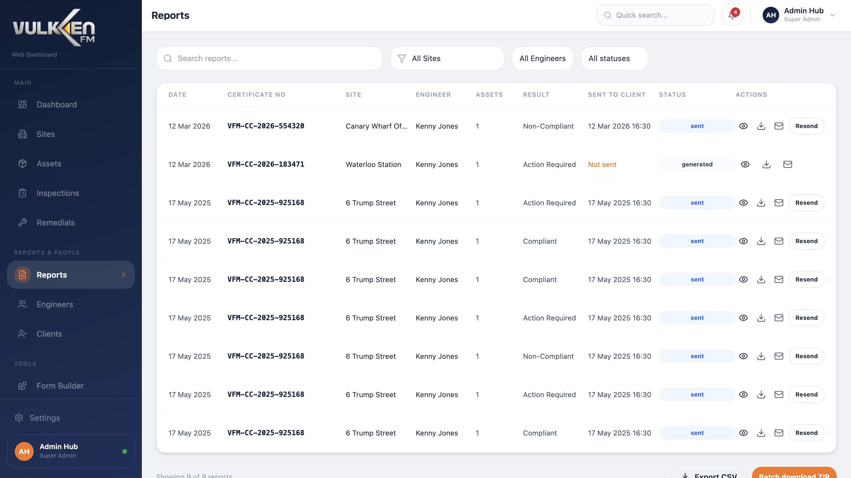 Inspection overview in the dashboard