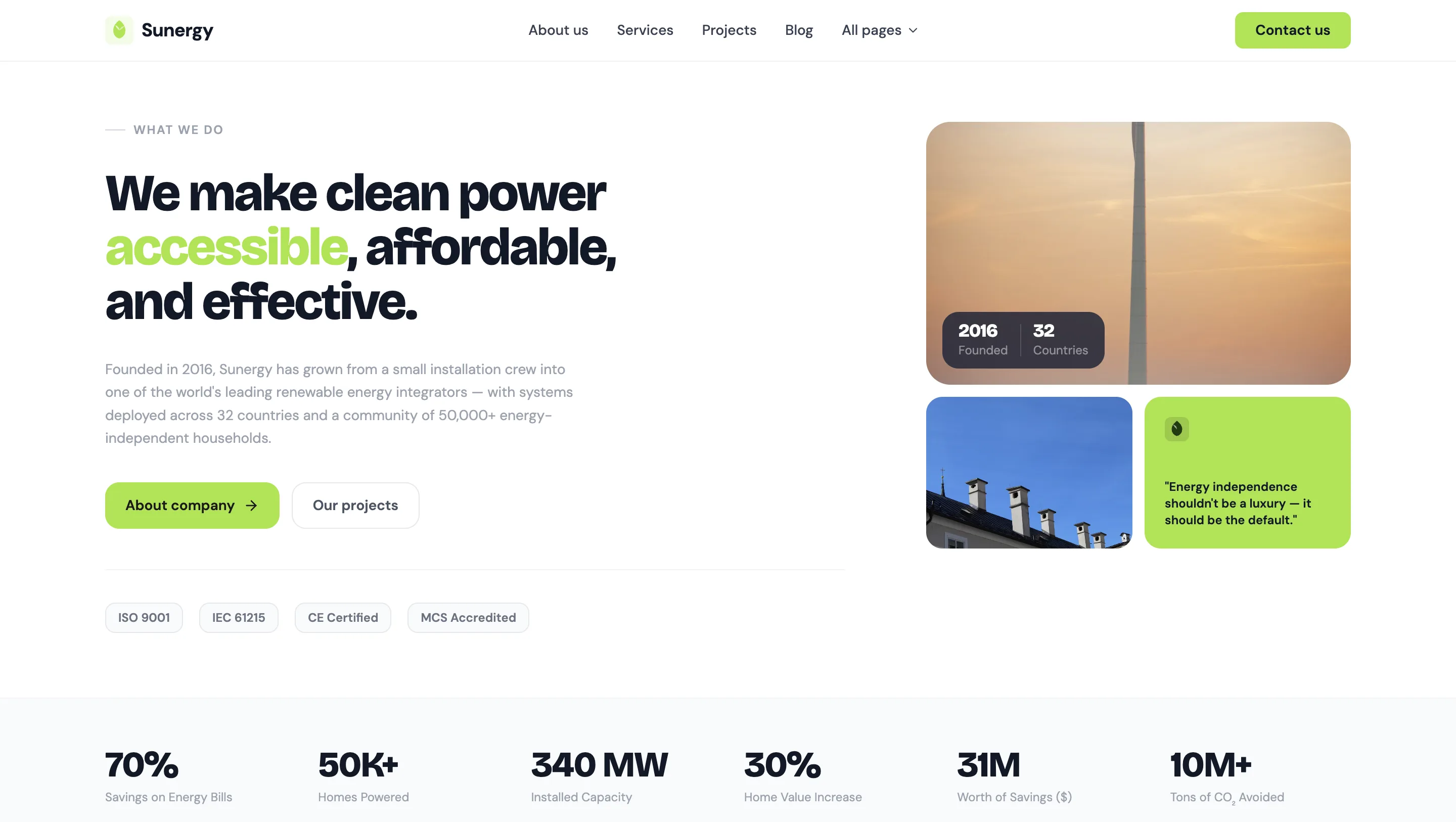 Renewable energy homepage with project metrics hero